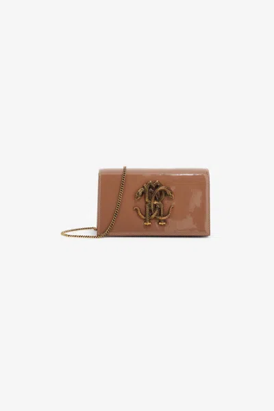 Roberto Cavalli Shoulder Bag With Monogram Mirror Snake In Brown