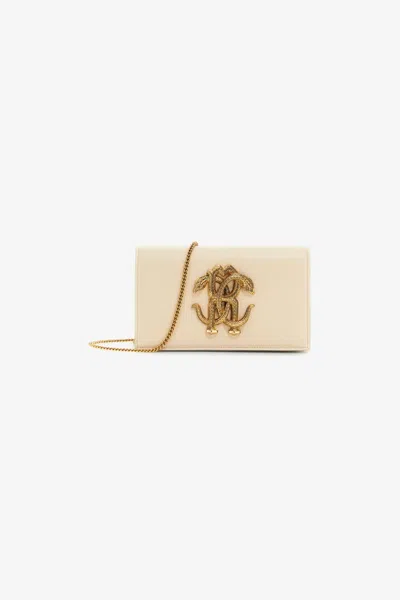 Roberto Cavalli Shoulder Bag With Monogram Mirror Snake In Ivory