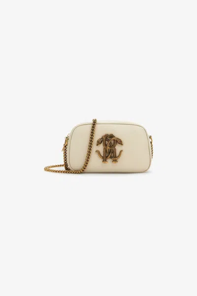 Roberto Cavalli Shoulder Bag With Monogram Mirror Snake In Ivory