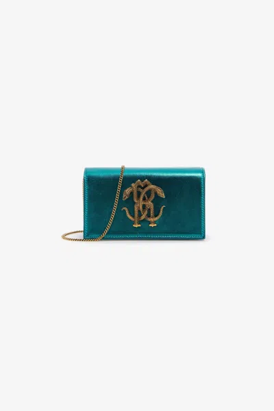 Roberto Cavalli Shoulder Bag With Monogram Mirror Snake In Light Blue
