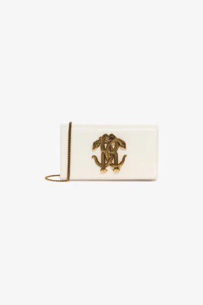 Roberto Cavalli Shoulder Bag With Monogram Mirror Snake In Off White