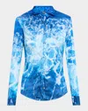 Roberto Cavalli Sicily Ocean-print Crinkle Silk Blouse In Deep Blue