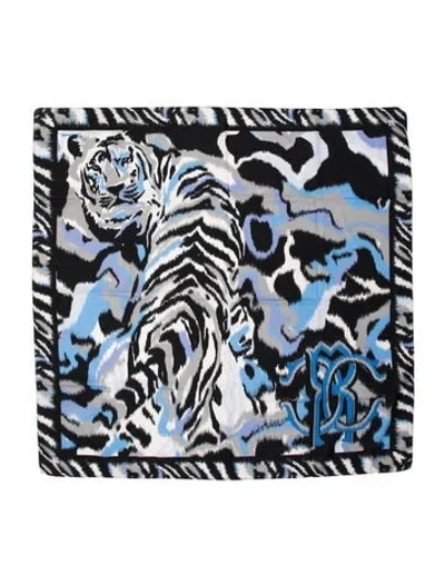 Pre-owned Roberto Cavalli Silk Animal Print Scarf In Blue