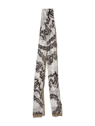 Pre-owned Roberto Cavalli Silk Animal Print Scarf In White