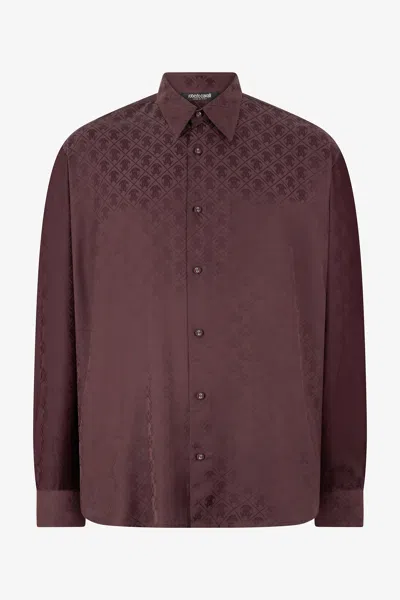 Roberto Cavalli Silk-blend Shirt With All-over Monogram In Burgundy