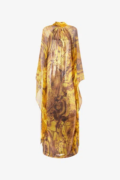 Roberto Cavalli Silk Caftan Dress With Amber Print Sequins In Yellow