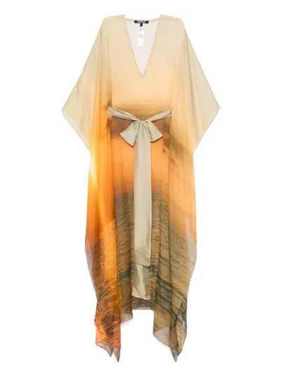 Roberto Cavalli Printed Silk Chiffon Long Caftan Dress In Multi