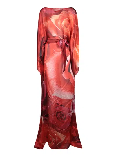 Roberto Cavalli Silk Evening Dress With Floral Print In Red