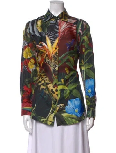 Pre-owned Roberto Cavalli Silk Floral Print Blouse In Green