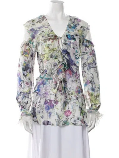 Pre-owned Roberto Cavalli Silk Floral Print Blouse W/ Tags In Blue