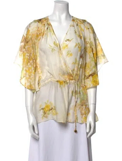 Pre-owned Roberto Cavalli Silk Floral Print Blouse In Yellow