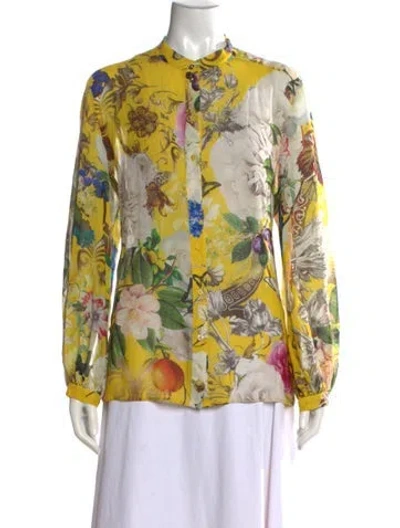Pre-owned Roberto Cavalli Silk Floral Print Blouse In Yellow