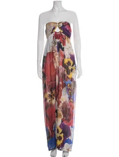 Pre-owned Roberto Cavalli Silk Floral Print Jumpsuit In Red