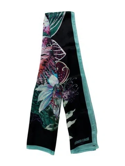 Pre-owned Roberto Cavalli Silk Floral Print Scarf In Blue