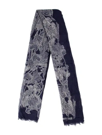 Pre-owned Roberto Cavalli Silk Floral Print Stole W/ Tags In Blue