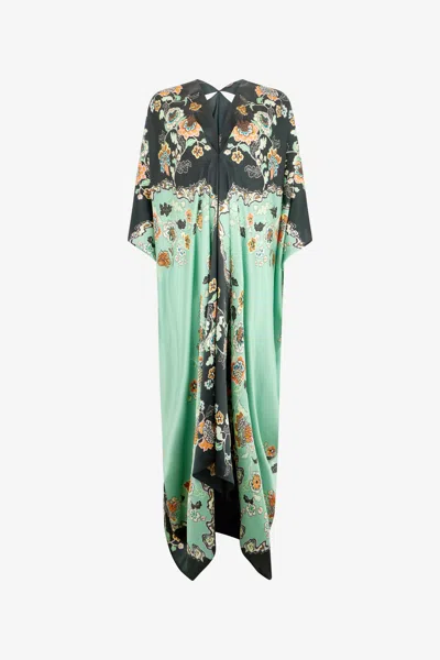 Roberto Cavalli Silk Kaftan Dress With Kimono Print In Multi