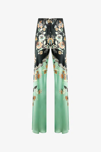 Roberto Cavalli Silk Pants With Kimono Print In Green