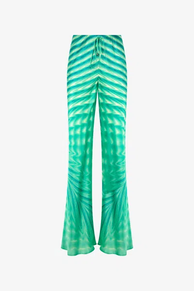 Roberto Cavalli Silk Pants With Optical Glass Print In Verde
