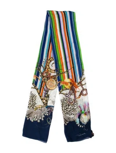 Pre-owned Roberto Cavalli Silk Printed Scarf W/ Tags In Blue