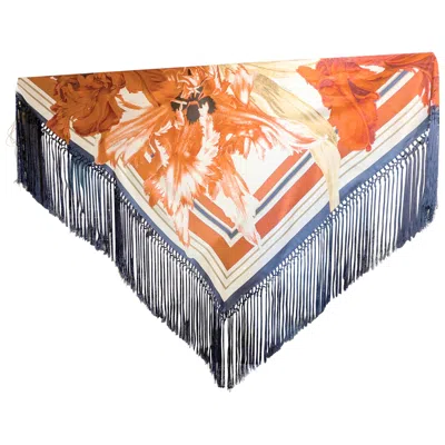 Pre-owned Roberto Cavalli Silk Shawl With Flower Print And Silk Fringes In Sand