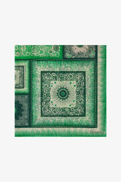 Roberto Cavalli Silk Shawl With Zebra Pattern And Logo In Green