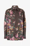 Roberto Cavalli Silk Shirt With Oriental Bird Print In Brown