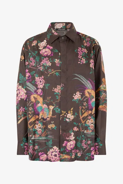 Roberto Cavalli Silk Shirt With Oriental Bird Print In Brown
