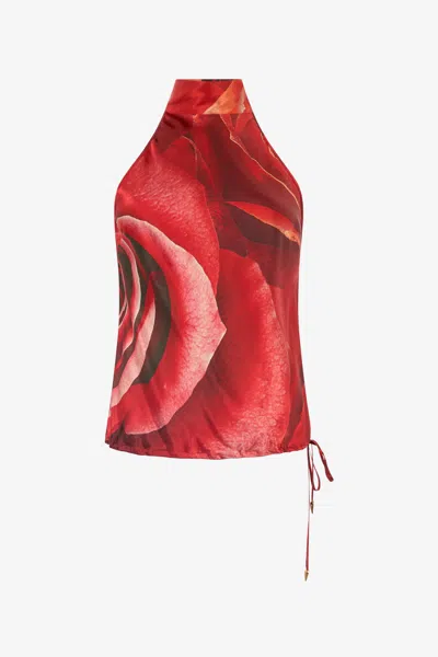 Roberto Cavalli Silk Top With Garden Rose Print In Rosso
