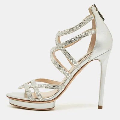 Roberto Cavalli Silver Leather Crystal Embellished Strappy Sandals In Multi