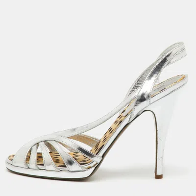 Roberto Cavalli Silver Metallic Leather Strappy Slingback Sandals