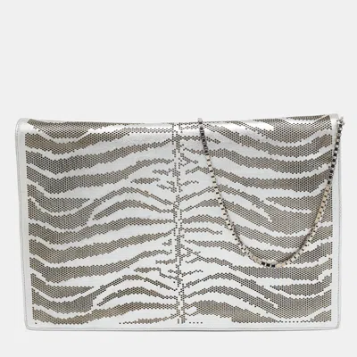 Pre-owned Roberto Cavalli Silver Perforated Zebra Effect Leather Chain Flap Clutch