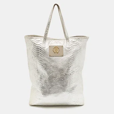 Pre-owned Roberto Cavalli Silver Python Embossed Leather Rc Shopper Tote