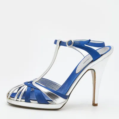 Pre-owned Roberto Cavalli Silver/blue Leather And Satin T-strap Sandals Size 36