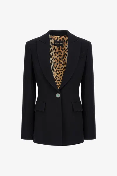 Roberto Cavalli Single-breasted Wool Blazer In Black