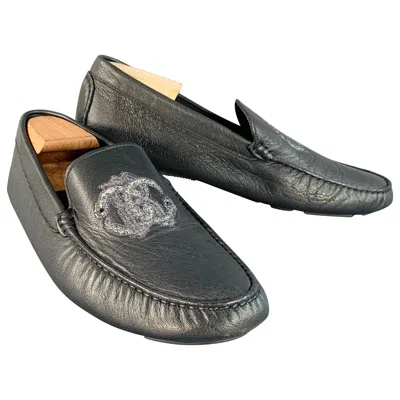 Pre-owned Roberto Cavalli Size 11.5 Navy Silver Logo Embroidery Leather Drivers Loafers In Blue