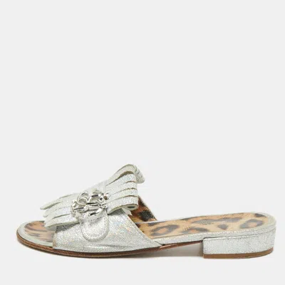 Pre-owned Roberto Cavalli Size 35 Silver Suede Fringe Flat Sandals