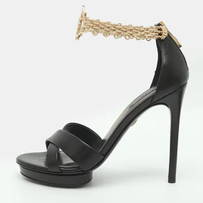 Pre-owned Roberto Cavalli Size 36 Black Leather Chain Link Ankle Strap Sandals