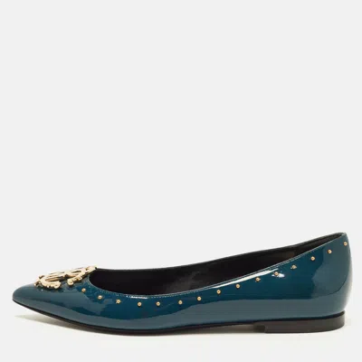 Pre-owned Roberto Cavalli Size 36.5 Blue Patent Leather Studded Ballet Flats