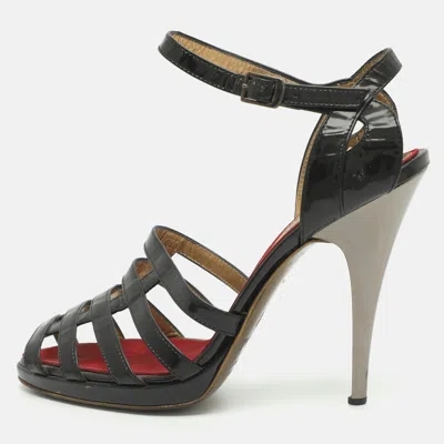 Pre-owned Roberto Cavalli Size 38 Black Patent Leather Ankle Strap Sandals