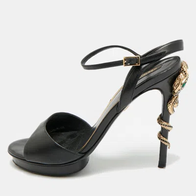 Pre-owned Roberto Cavalli Size 38 Black Satin Snake Embellished Ankle Strap Sandals