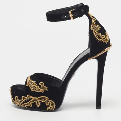 Pre-owned Roberto Cavalli Size 38 Black Velvet Baroque Embellished Platform Ankle Strap Sandals