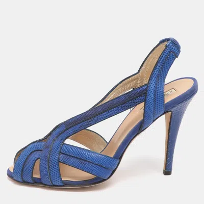 Pre-owned Roberto Cavalli Size 38 Blue Karung Leather Slingback Sandals