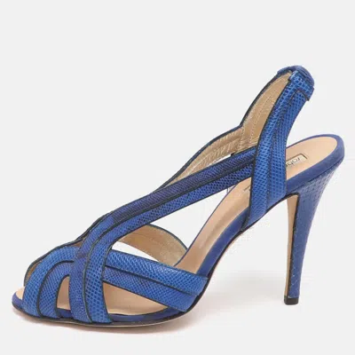 Roberto Cavalli Size 38 Blue Karung Leather Slingback Sandals
