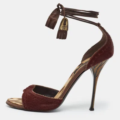 Pre-owned Roberto Cavalli Size 38 Brown Calf Hair Ankle Strap Sandals