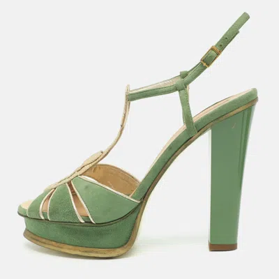 Pre-owned Roberto Cavalli Size 38 Green/gold Leather And Suede Platform Sandals