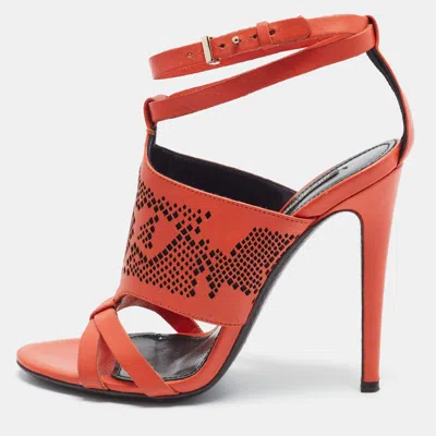 Pre-owned Roberto Cavalli Size 38 Orange Leather Ankle Strap Sandals