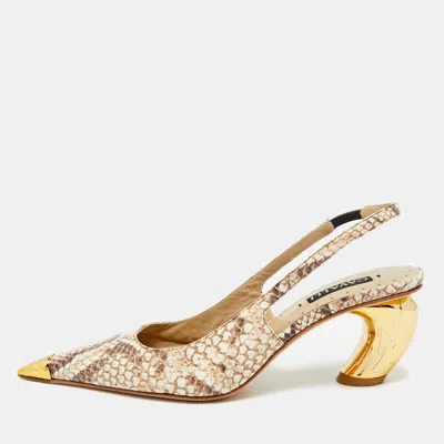 Pre-owned Roberto Cavalli Size 38 Two Tone Python Embossed Leather Pointed Toe Slingback Pumps In Sand