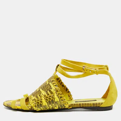 Pre-owned Roberto Cavalli Size 38 Two Tone Python Leather Flat Sandals In Yellow