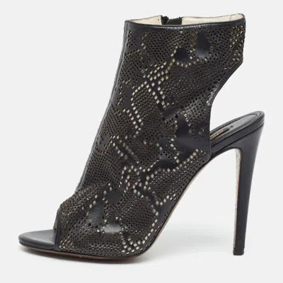Pre-owned Roberto Cavalli Size 39 Black Perforated Leather Cut-out Ankle Length Open Toe Boots