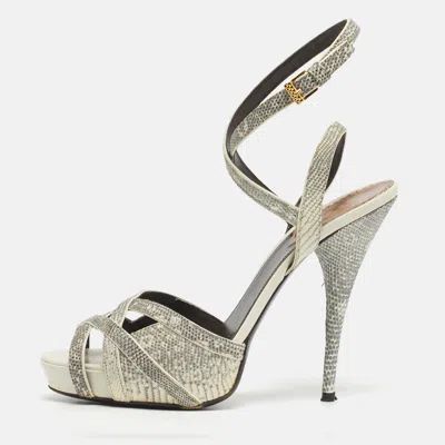 Pre-owned Roberto Cavalli Size 39 Grey Lizard Embossed Leather Ankle Strap Sandals In Gray
